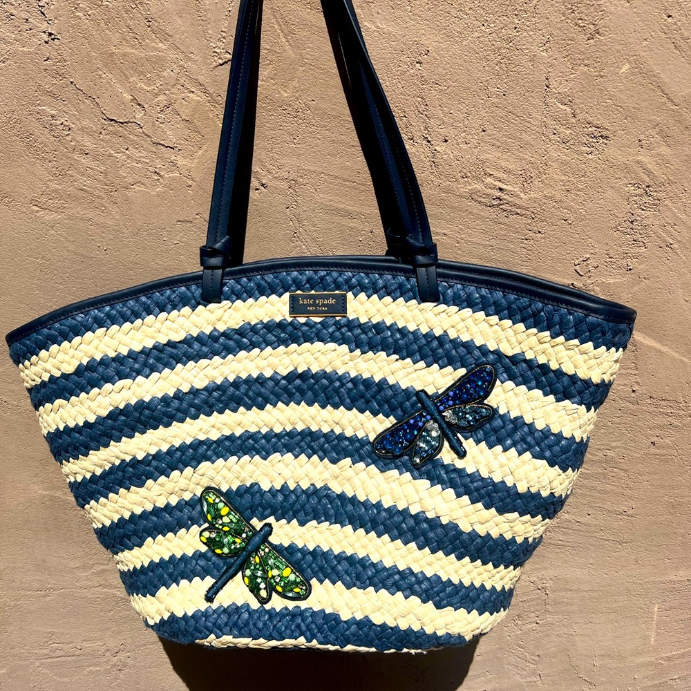 Kate Spade Blue and Cream Embellished Striped Large Tote “ Shore Thing”